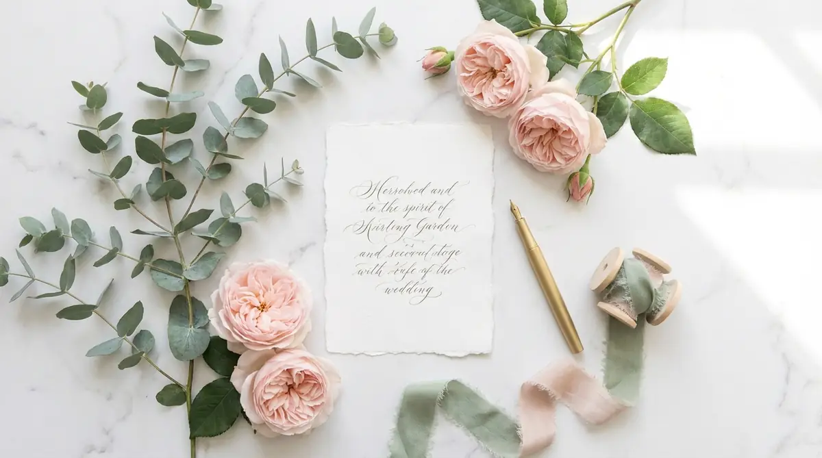 Hochzeitspapeterie Flatlay mit Eukalyptus, Rosen und Kalligraphie